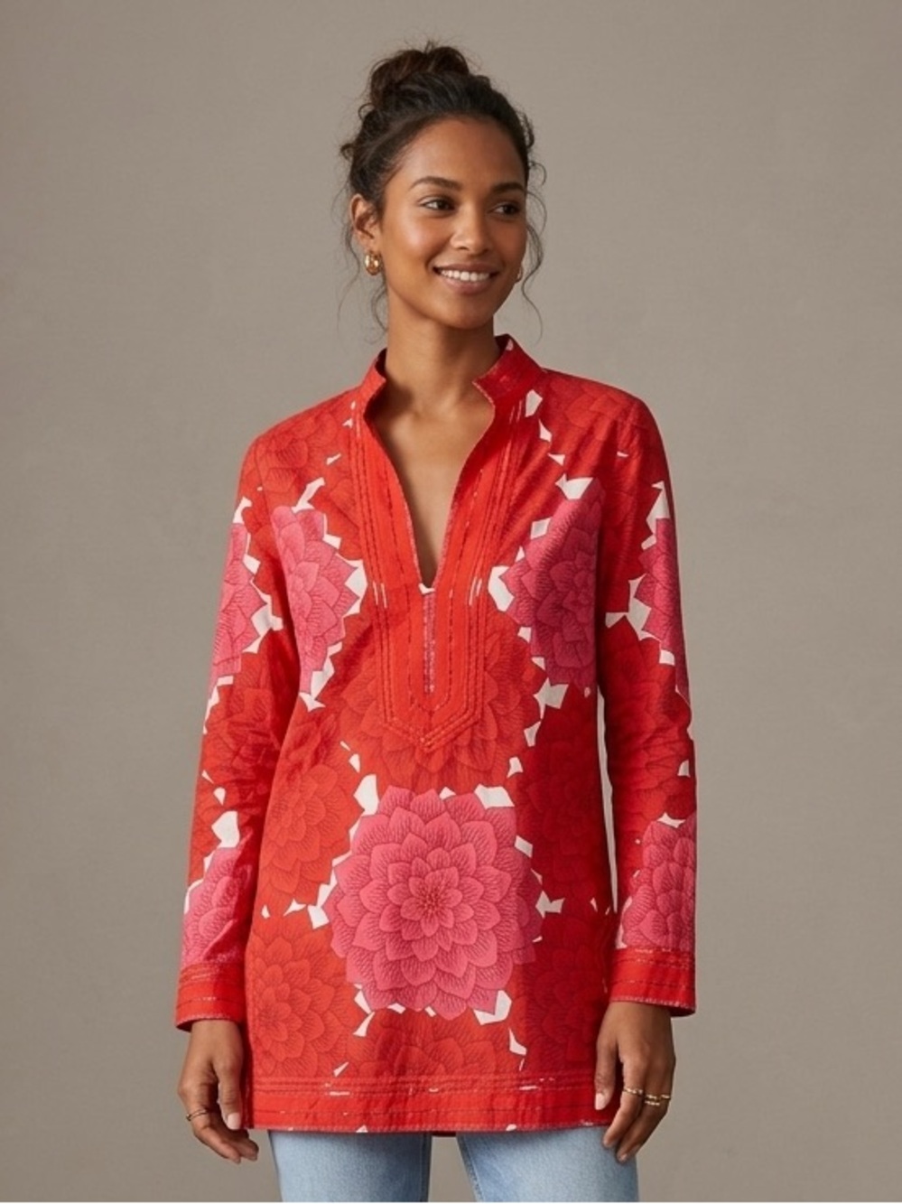 Tory Burch Sz 8 Bold Floral Red Pink Tropical Cotton Blouse
